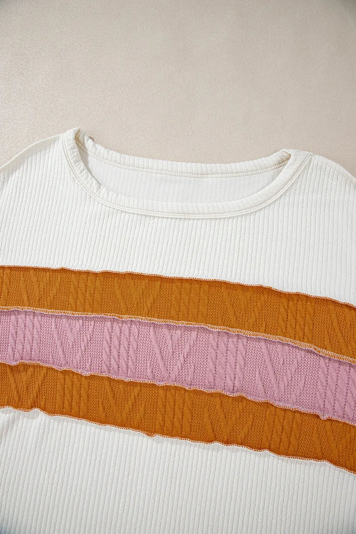 White Ribbed Exposed Seam Knit Patchwork Drop Sleeve Top - Tops/Long Tops