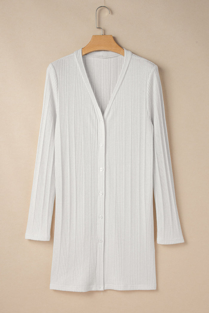 White Solid Colour Ribbed Button up Tunic Cardigan - WHITE / S / 48% VISCOSE + 25% POLYESTER + 17% POLYAMIDE + 10%