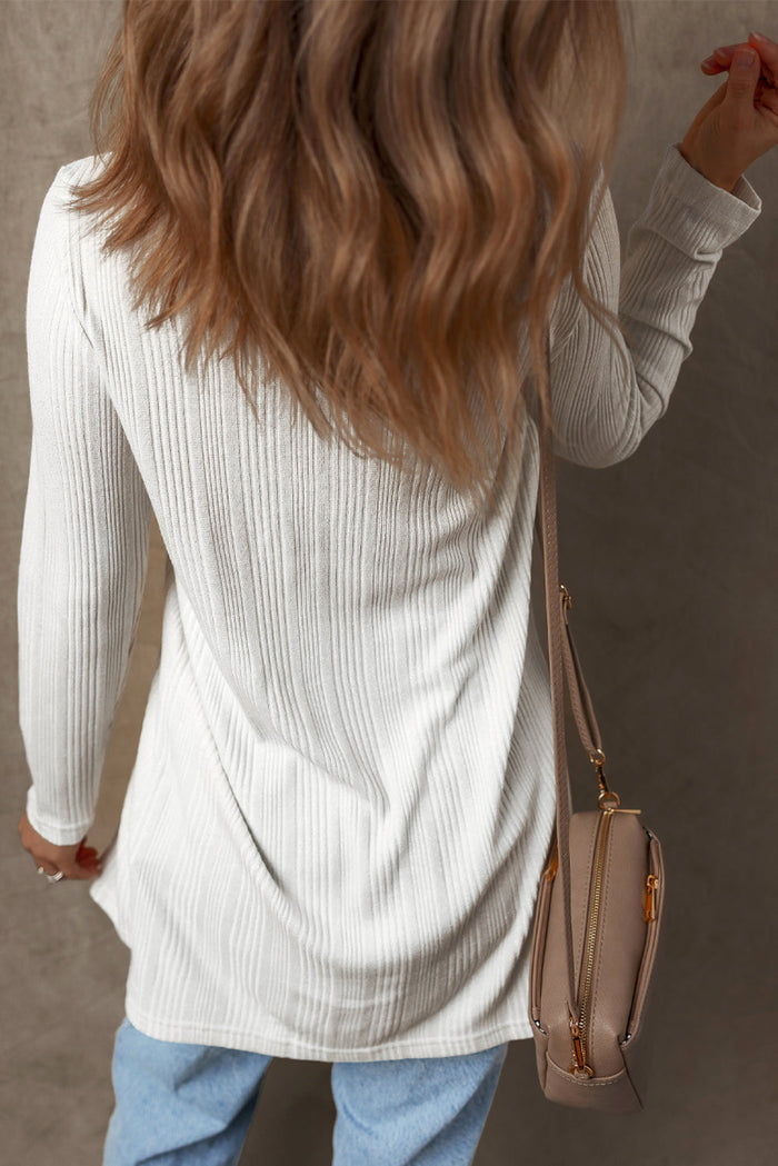 White Solid Colour Ribbed Button up Tunic Cardigan - Sweaters & Cardigans/Cardigans