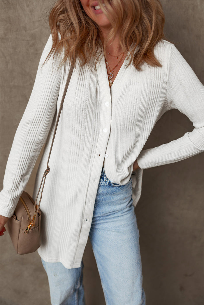 White Solid Colour Ribbed Button up Tunic Cardigan - Sweaters & Cardigans/Cardigans