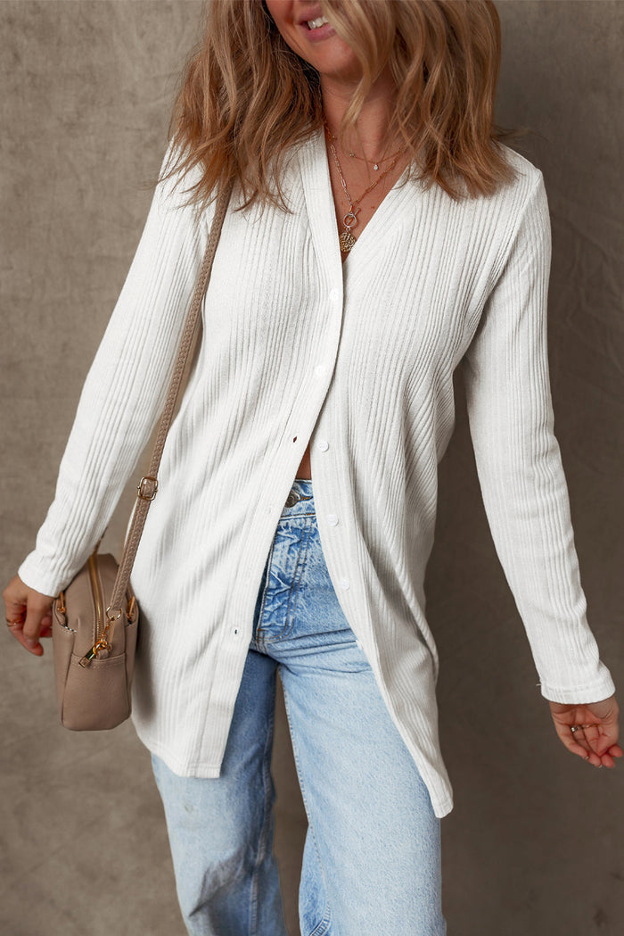 White Solid Colour Ribbed Button up Tunic Cardigan - Sweaters & Cardigans/Cardigans