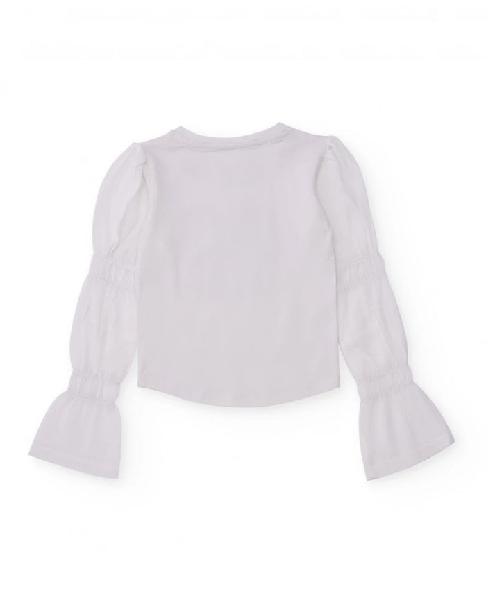 White t-shirt for girls with embellishments and flared sleeves