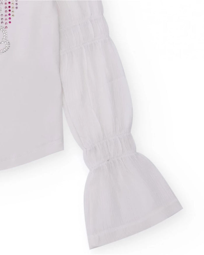 White t-shirt for girls with embellishments and flared sleeves