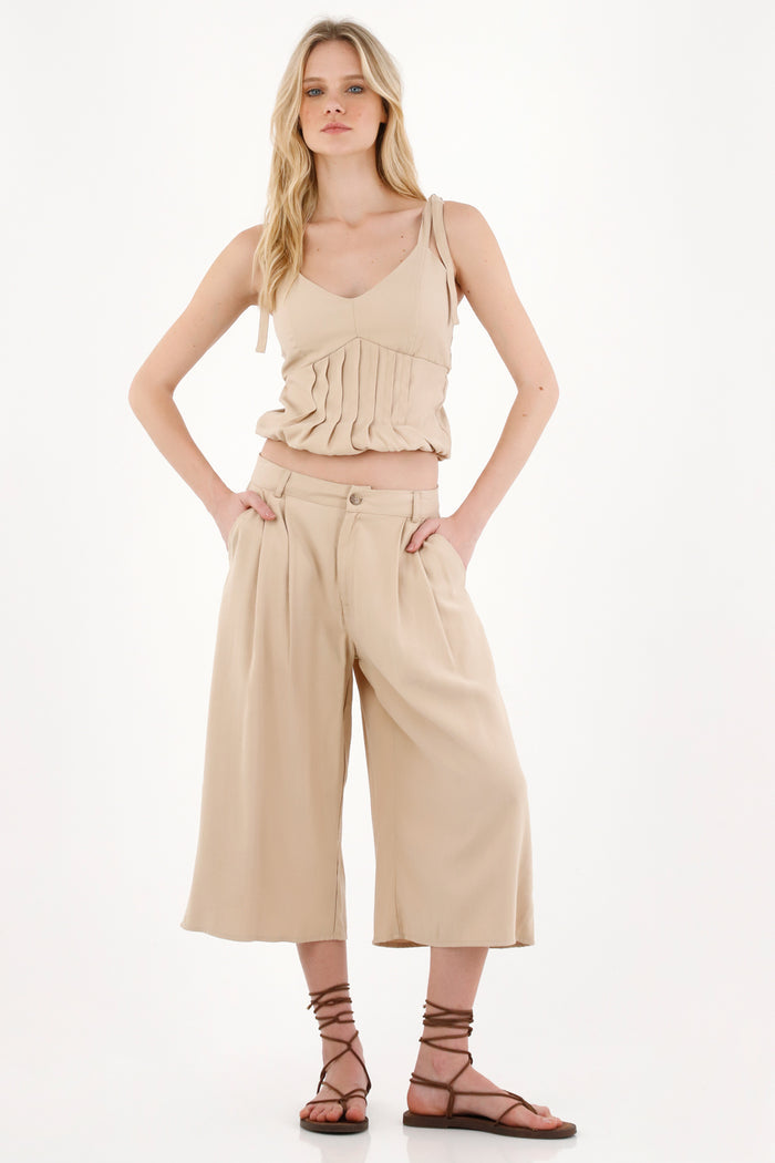 Wide Leg Pants with Raw Hem in Brown for Women