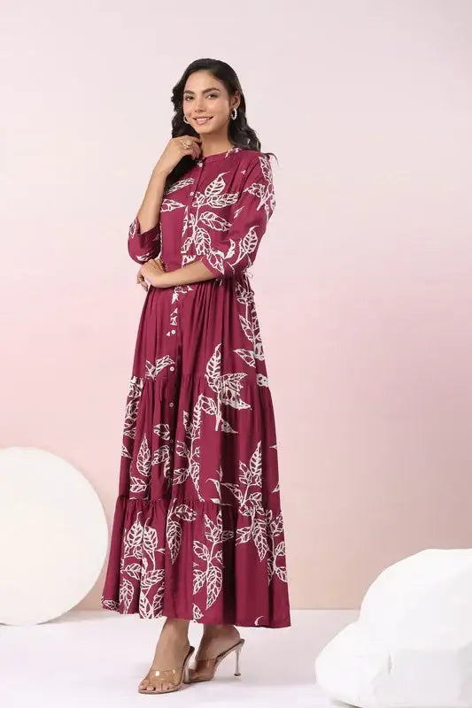 Wine Leafy Grace A Line Russian Silk Dress