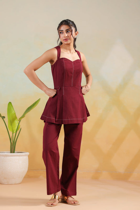 Wine Solid Cotton Flex Structured Peplum Designer Co-ord Set with Wide Pants