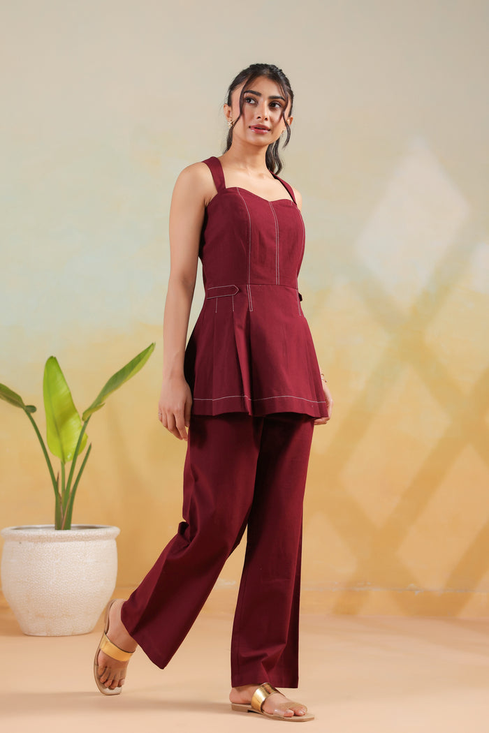 Wine Solid Cotton Flex Structured Peplum Designer Co-ord Set with Wide Pants