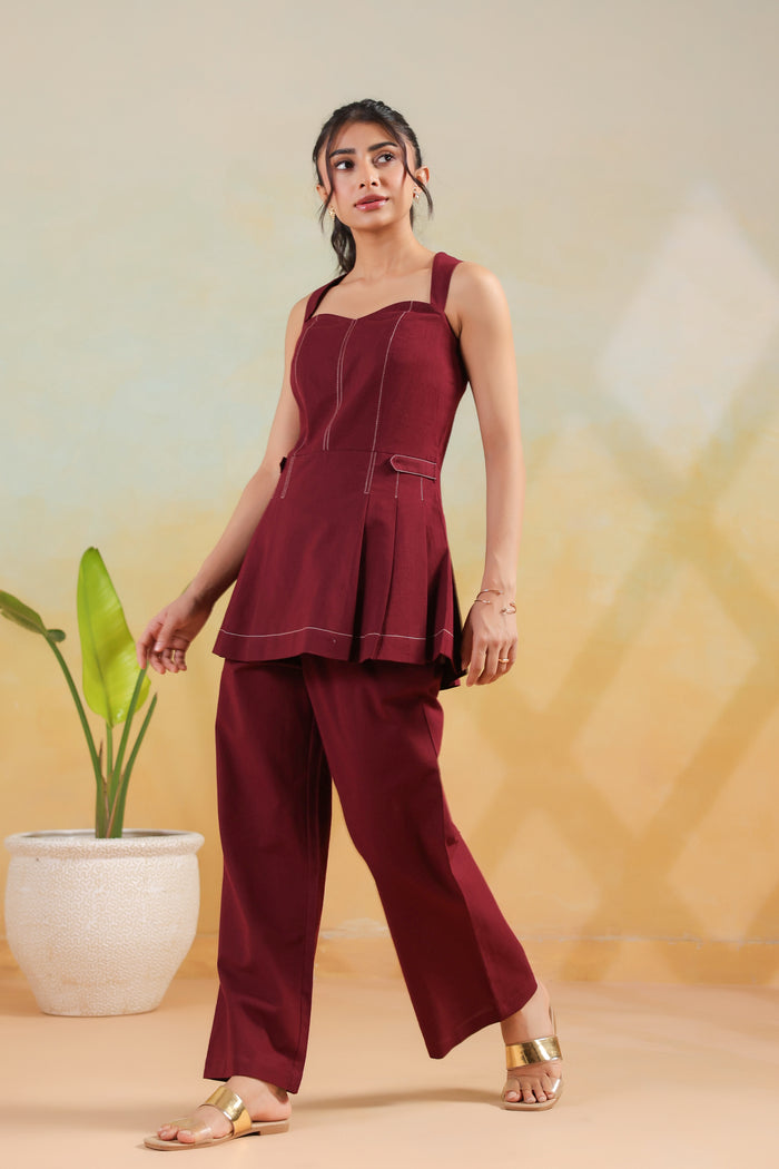 Wine Solid Cotton Flex Structured Peplum Designer Co-ord Set with Wide Pants