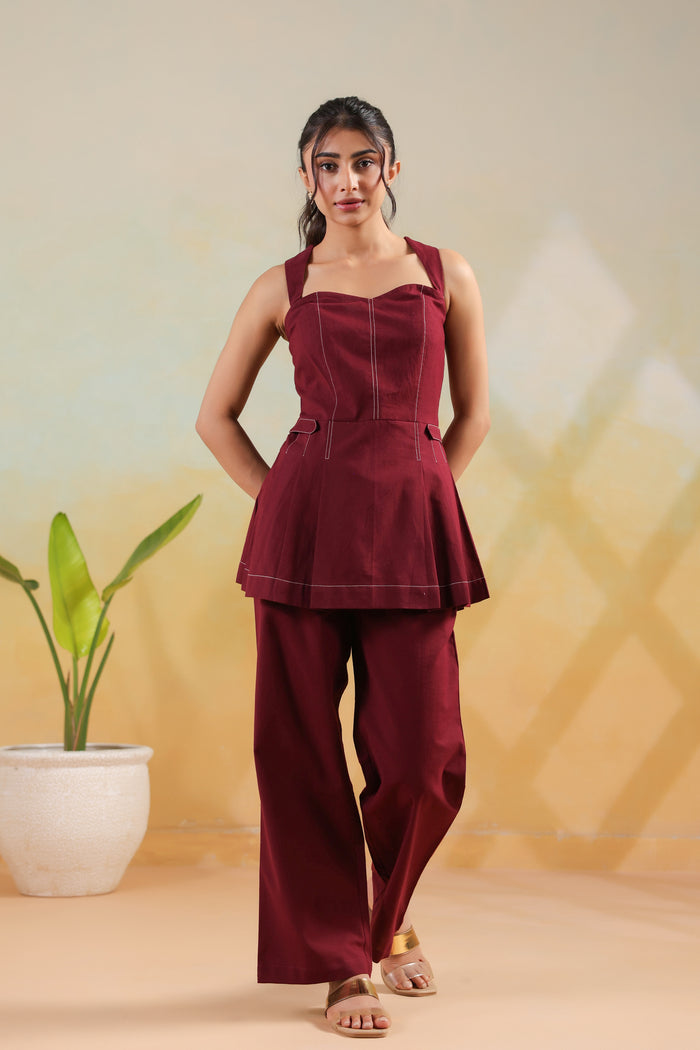 Wine Solid Cotton Flex Structured Peplum Designer Co-ord Set with Wide Pants