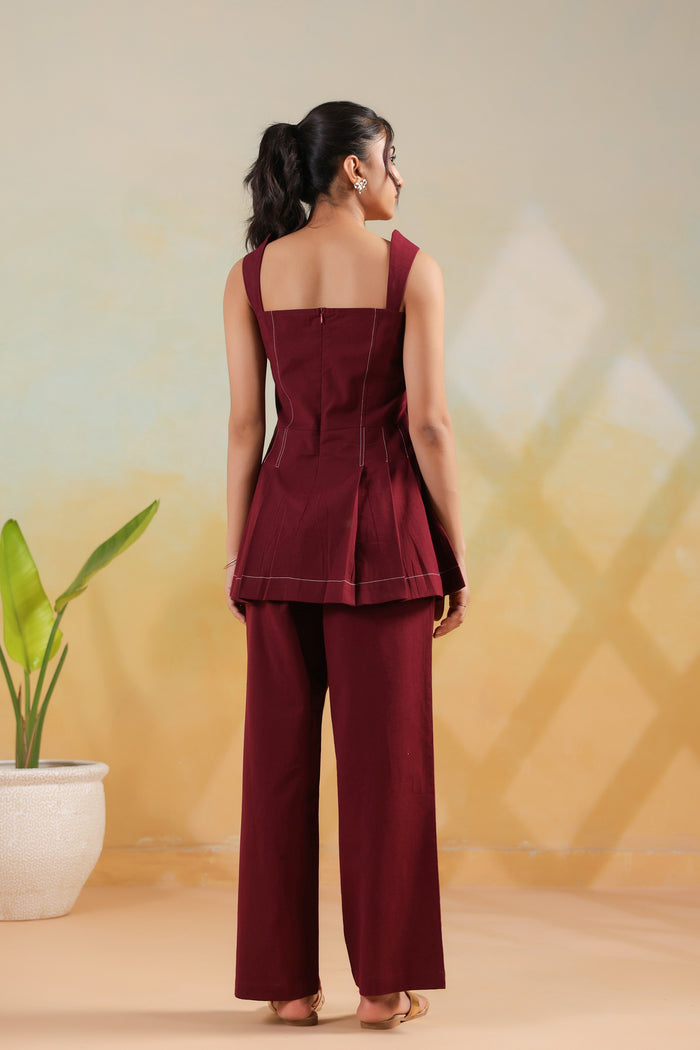 Wine Solid Cotton Flex Structured Peplum Designer Co-ord Set with Wide Pants