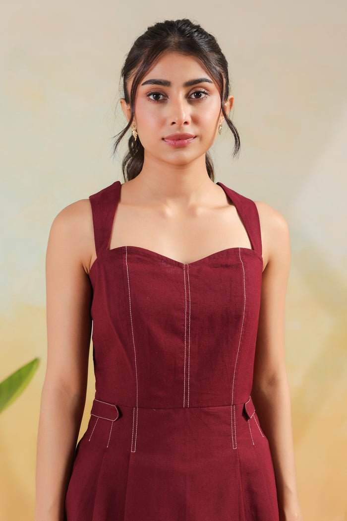 Wine Solid Cotton Flex Structured Peplum Designer Co-ord Set with Wide Pants