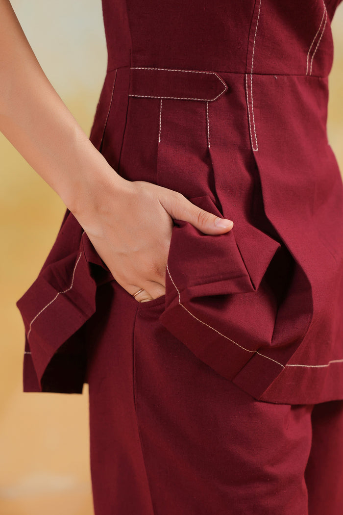 Wine Solid Cotton Flex Structured Peplum Designer Co-ord Set with Wide Pants