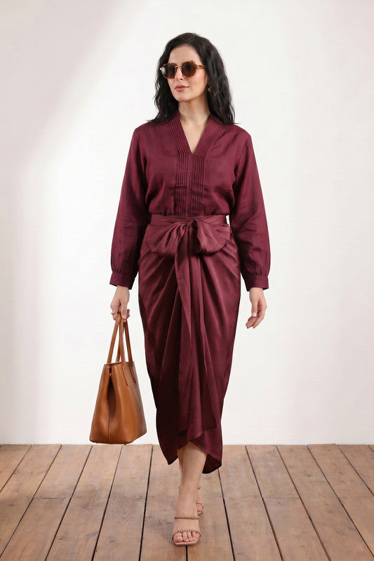 Wine Wrap Style Pleated Neck with Draped Bottom Solid Russian Silk Co-ord Set