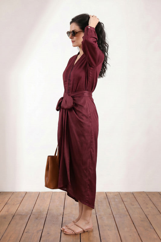 Wine Wrap Style Pleated Neck with Draped Bottom Solid Russian Silk Co-ord Set