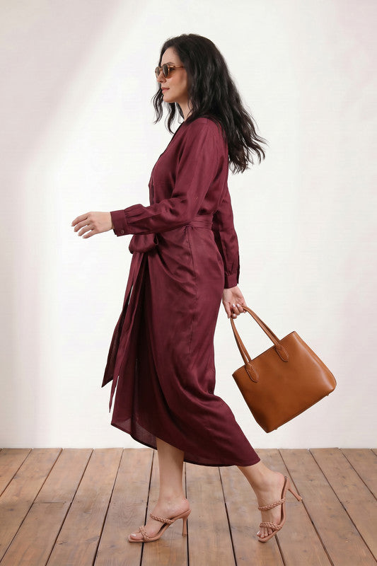 Wine Wrap Style Pleated Neck with Draped Bottom Solid Russian Silk Co-ord Set