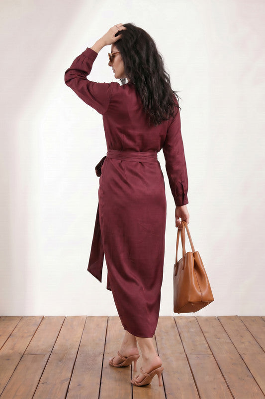 Wine Wrap Style Pleated Neck with Draped Bottom Solid Russian Silk Co-ord Set