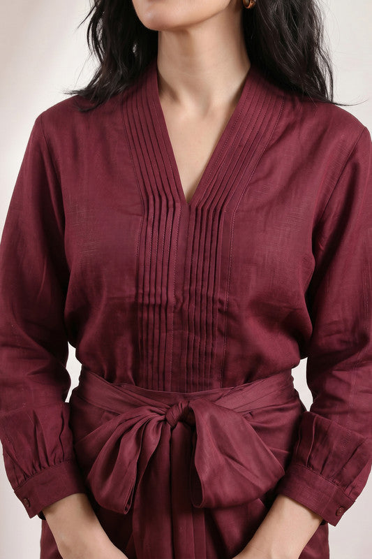 Wine Wrap Style Pleated Neck with Draped Bottom Solid Russian Silk Co-ord Set