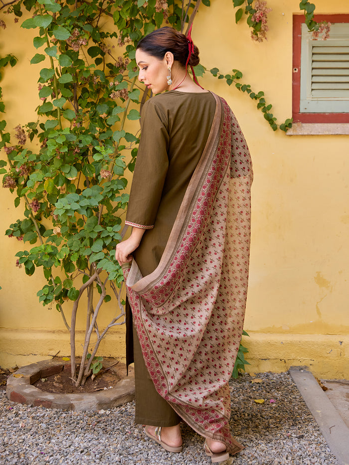 Women's Cotton Embroidered Kurta Set with Dupatta