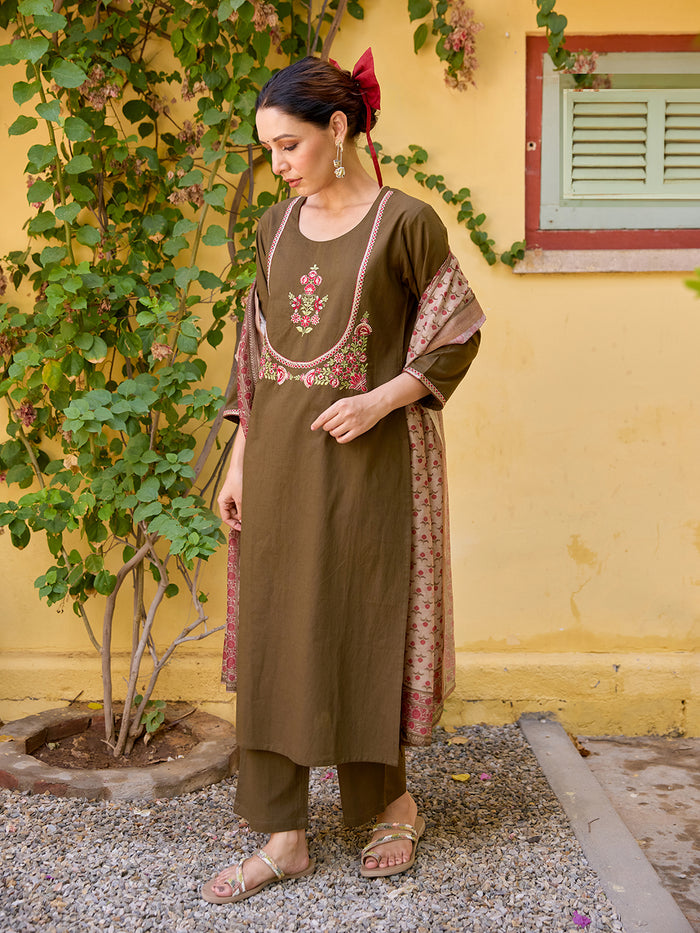 Women's Cotton Embroidered Kurta Set with Dupatta