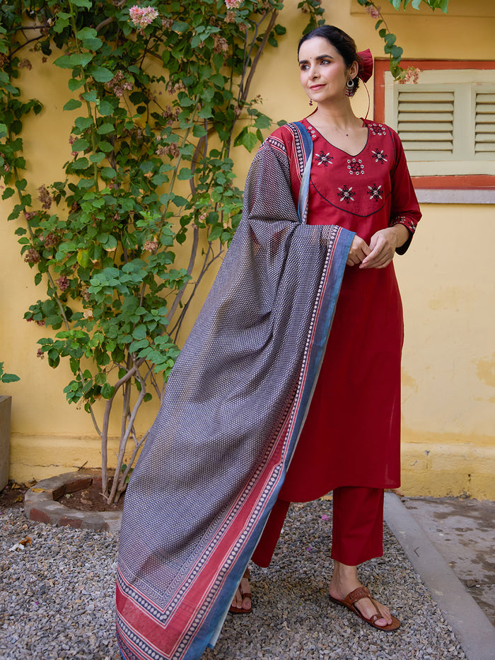 Women's Cotton Embroidered Kurta Set with Dupatta