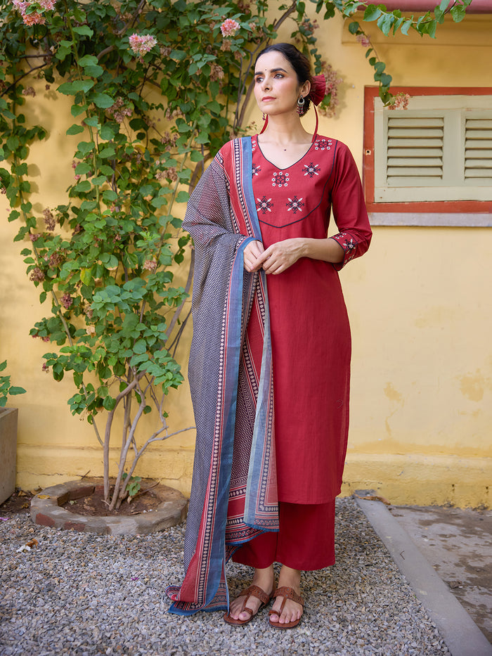 Women's Cotton Embroidered Kurta Set with Dupatta
