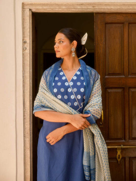 Women's Cotton Embroidered Sleeveless Kurta Set with Dupatta