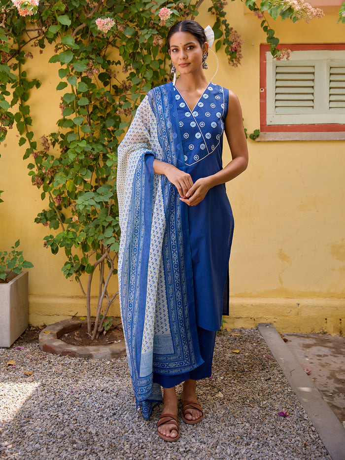 Women's Cotton Embroidered Sleeveless Kurta Set with Dupatta