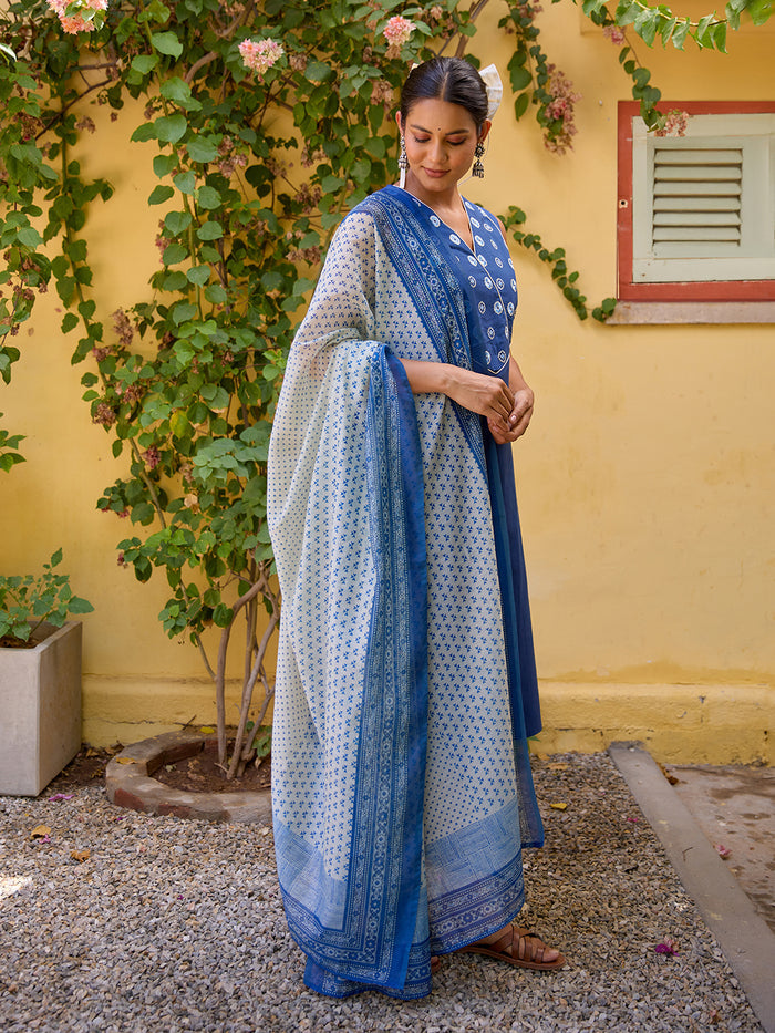 Women's Cotton Embroidered Sleeveless Kurta Set with Dupatta