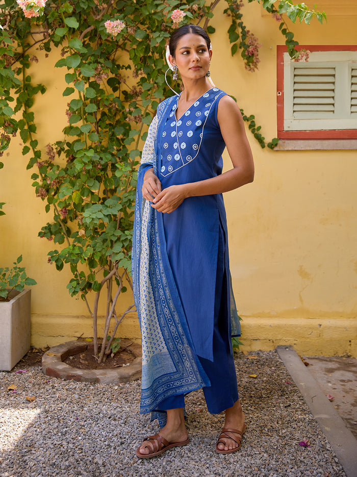 Women's Cotton Embroidered Sleeveless Kurta Set with Dupatta