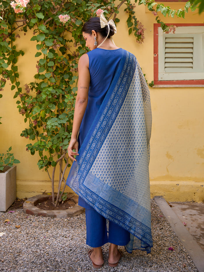 Women's Cotton Embroidered Sleeveless Kurta Set with Dupatta