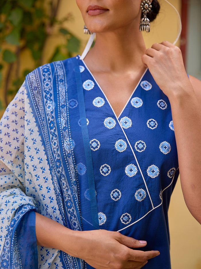 Women's Cotton Embroidered Sleeveless Kurta Set with Dupatta