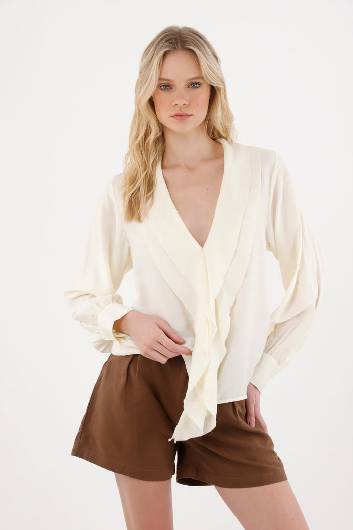 Women's Cream V-Neck Blouse with Ruffles