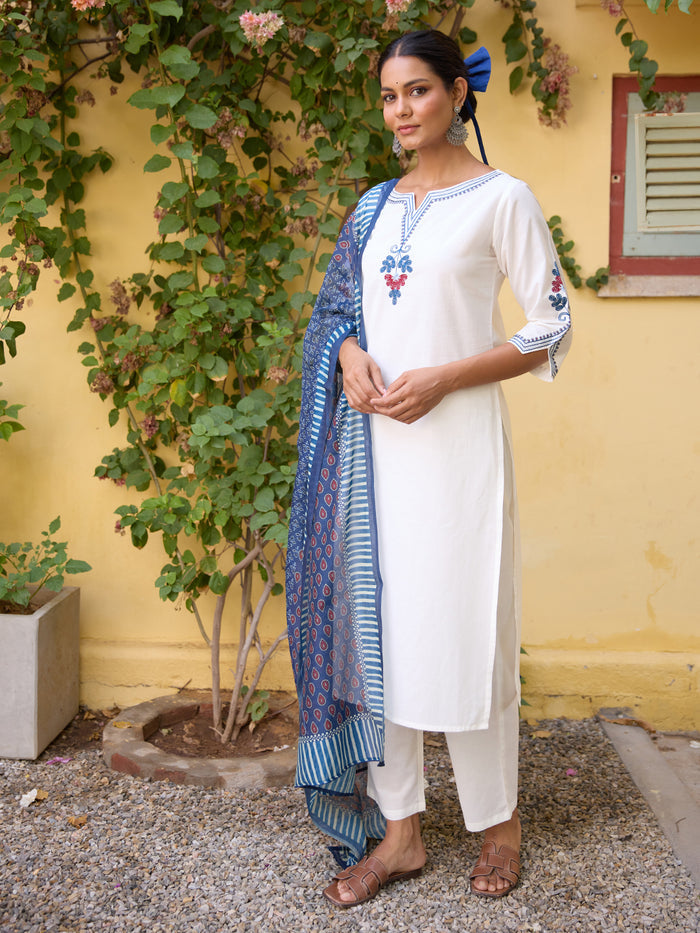 Women's Embroidered Straight Kurta Set with Dupatta