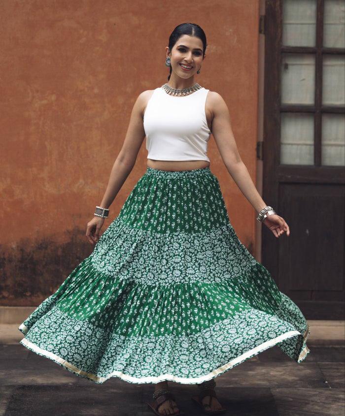 Women's Green Printed Tiered Skirt