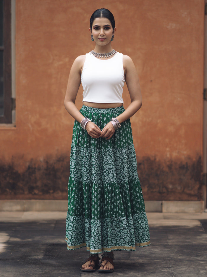 Women's Green Printed Tiered Skirt