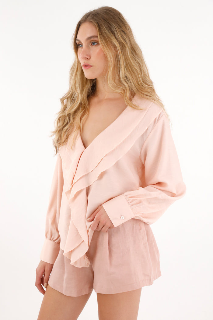 Women's Ivory V-Neck Blouse with Cascading Ruffles