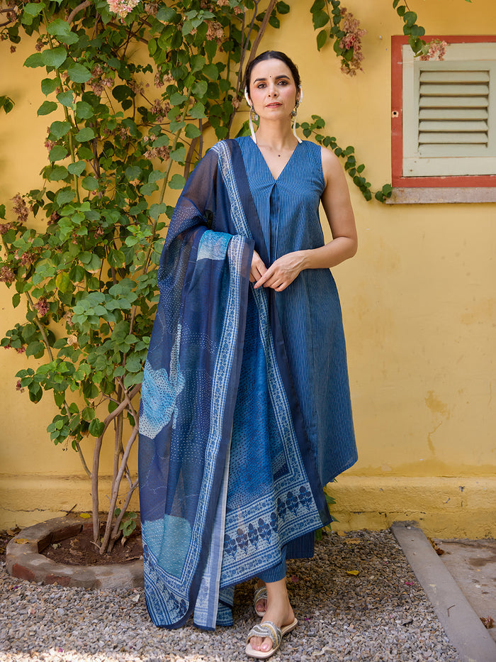Women's Kantha A line Kurta Set with Dupatta