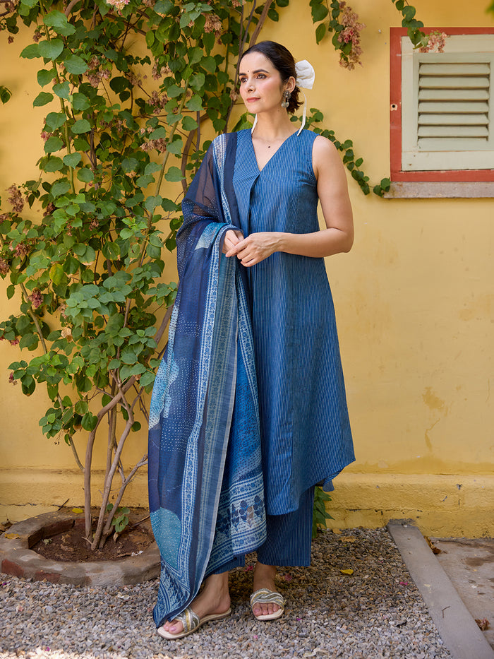 Women's Kantha A line Kurta Set with Dupatta