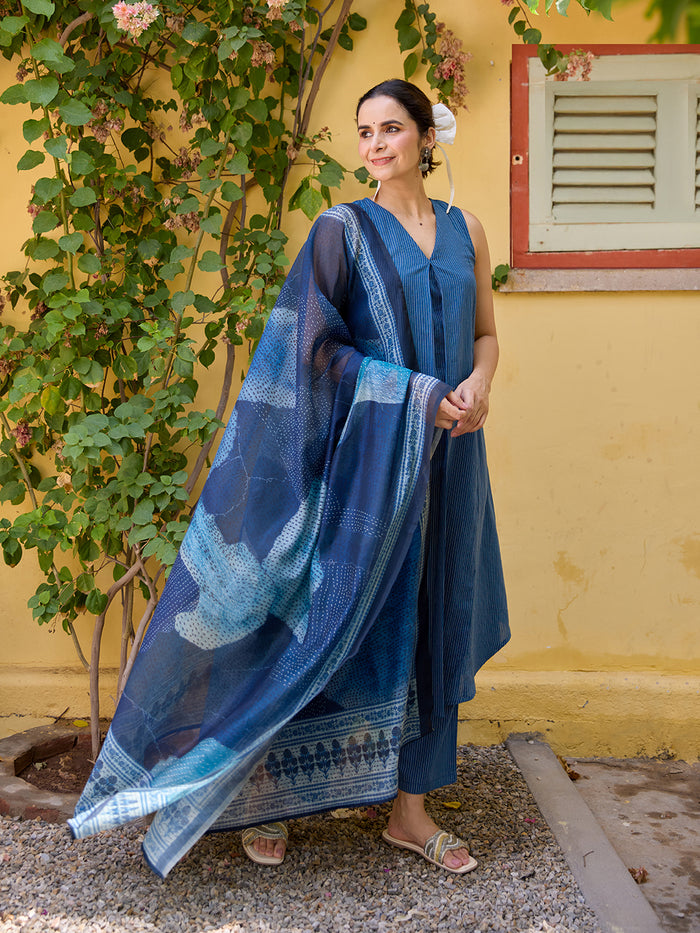 Women's Kantha A line Kurta Set with Dupatta