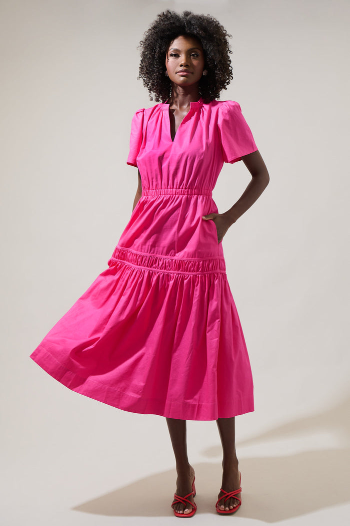 Xoe Split Neck Smocked Midi Dress