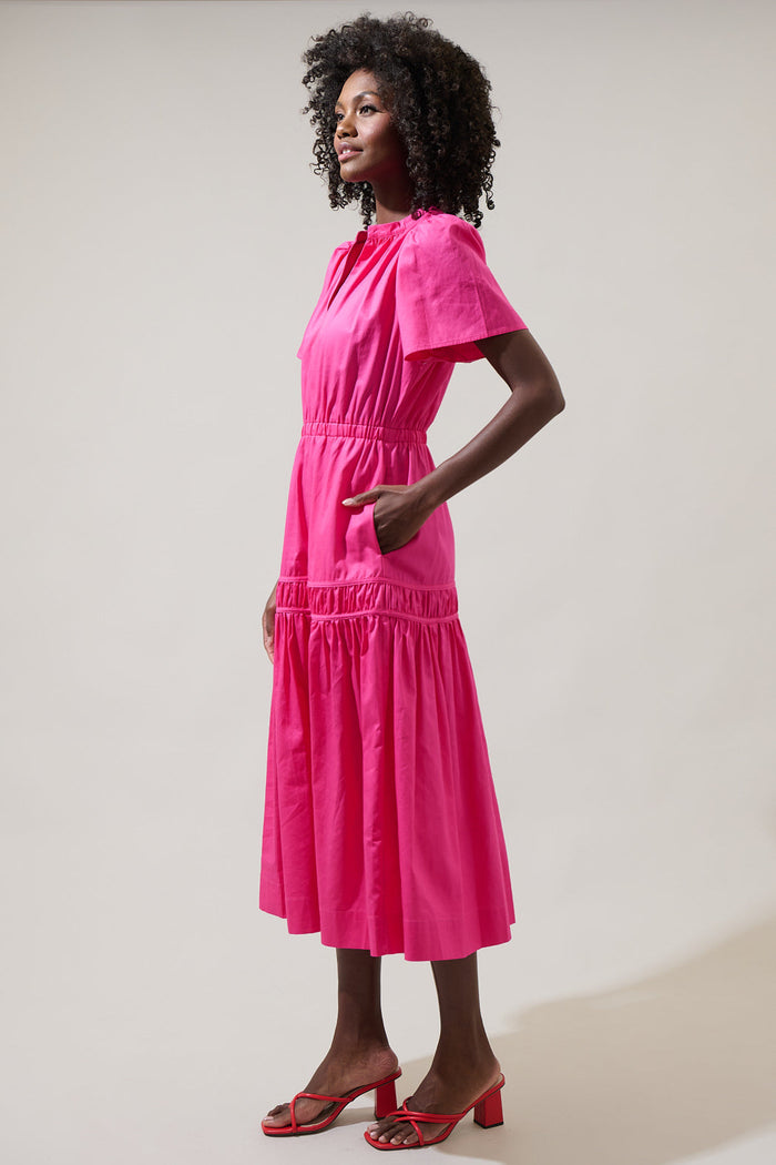 Xoe Split Neck Smocked Midi Dress