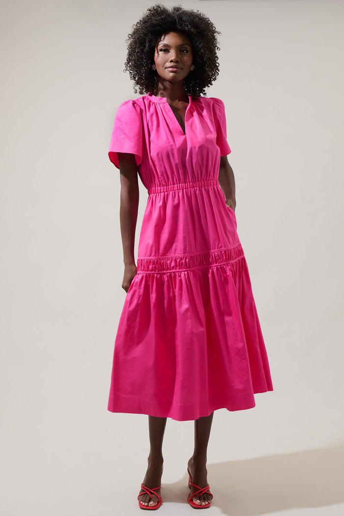 Xoe Split Neck Smocked Midi Dress