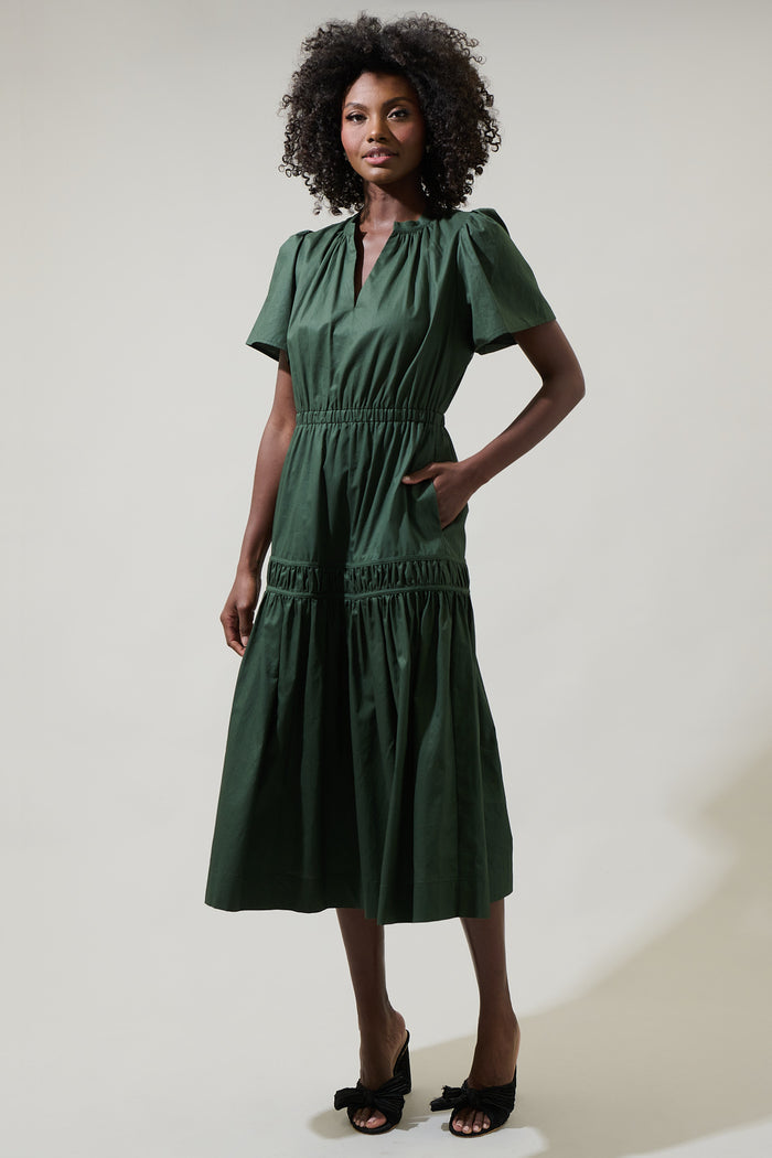 Xoe Split Neck Smocked Midi Dress