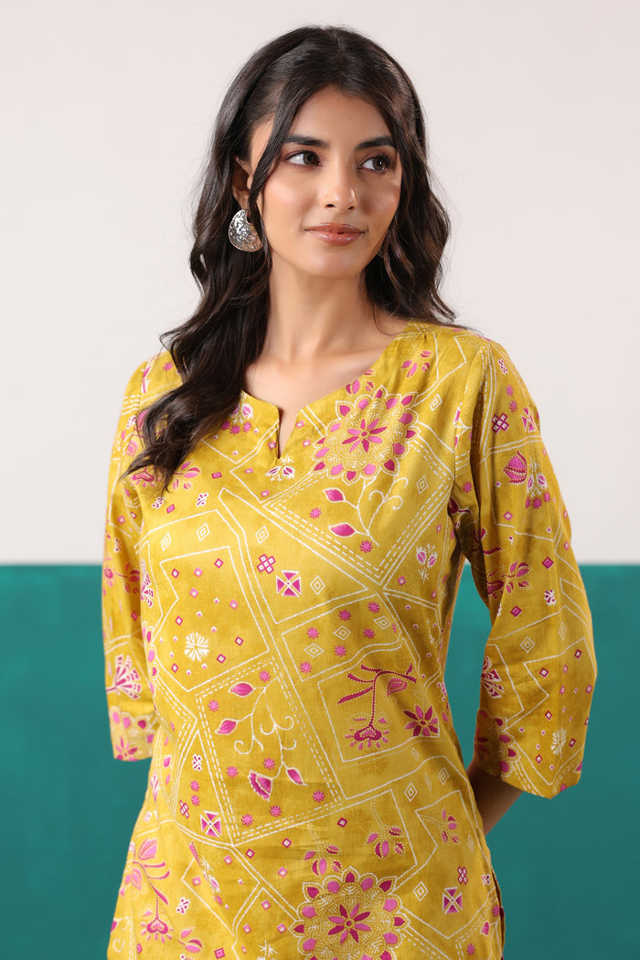 Yellow Bandhani-Inspired Floral Printed Cotton Co-ord Set